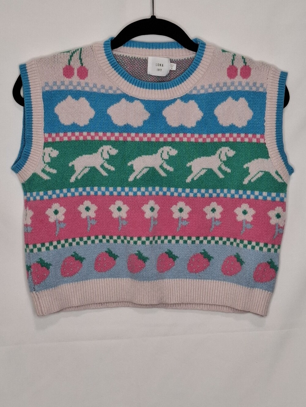 Luna Ivy Puppy Picnic Patterned Knit Sweater Vest Size Medium